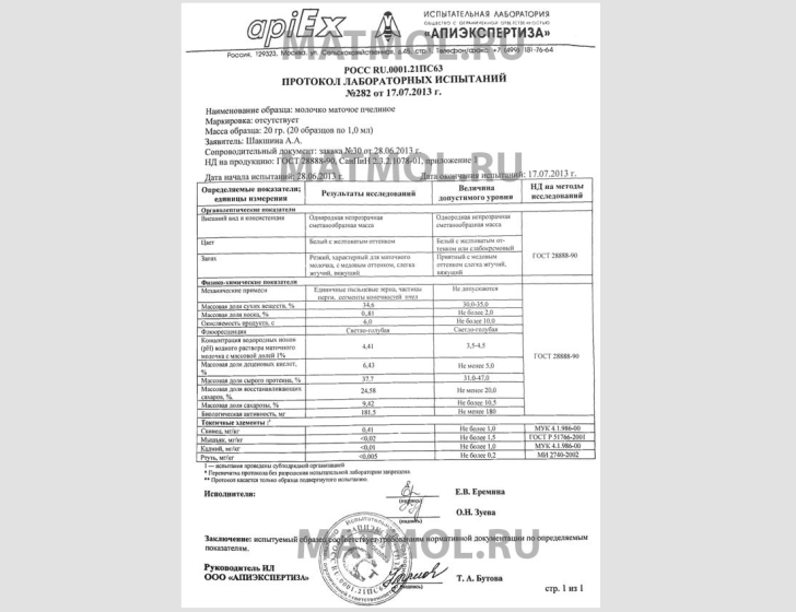 Сертификат на маточное молочко (нативное)
