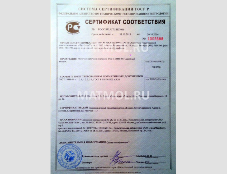 Должно ли быть сертифицировано маточное молочко по ГОСТ Р?